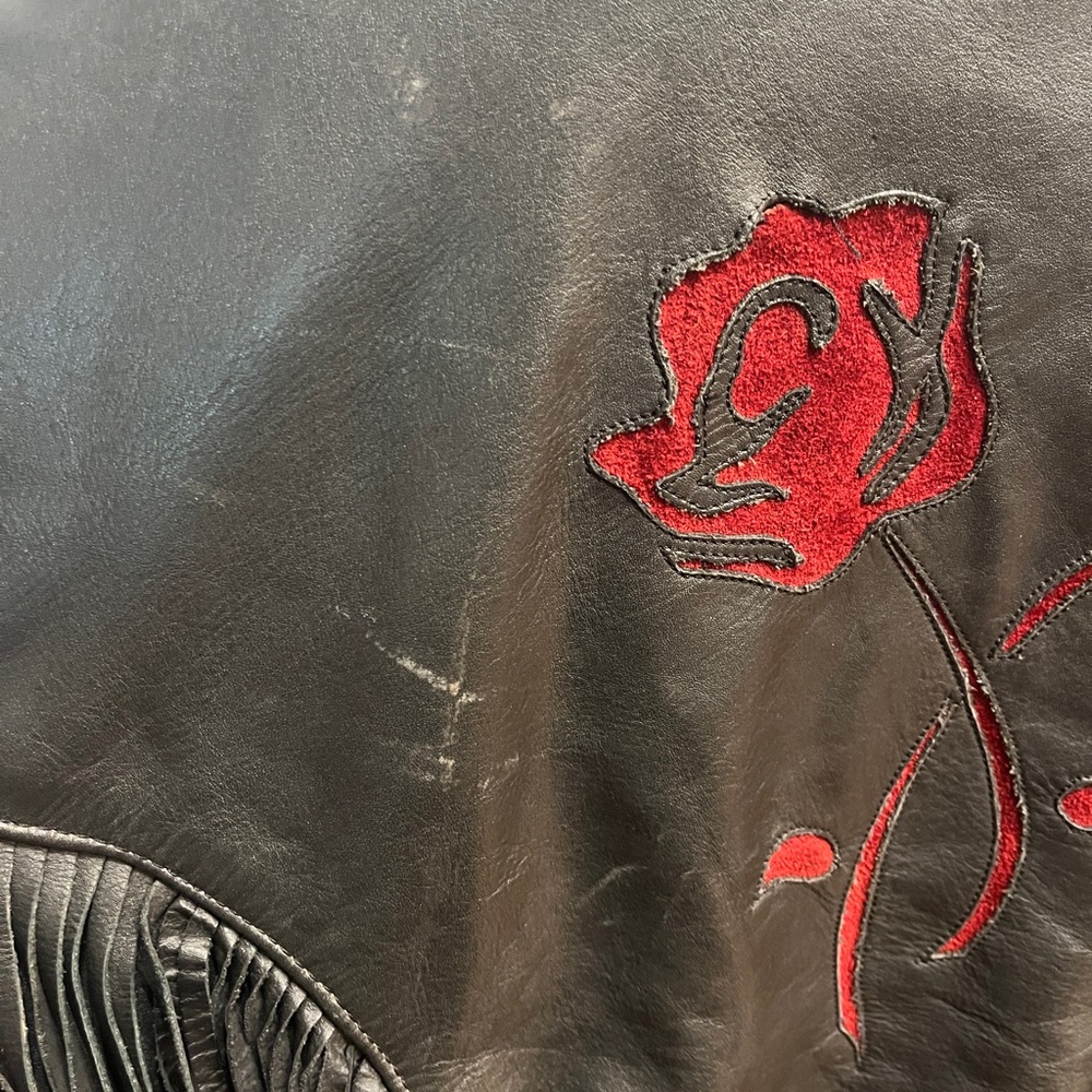 3M Thinsulate Black Leather Jacket with Red Floral Embroidery - Picture 11 of 11